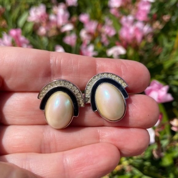 VTG GIVENCHY Paris New York Silver Pearl Rhinestone EARRINGS - Picture 2 of 8